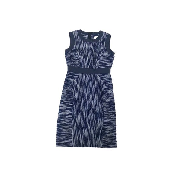Milly NY USA Women's Dress Blue White Leather Trim Geometric Knit Sheath Size 4 - Picture 5 of 16